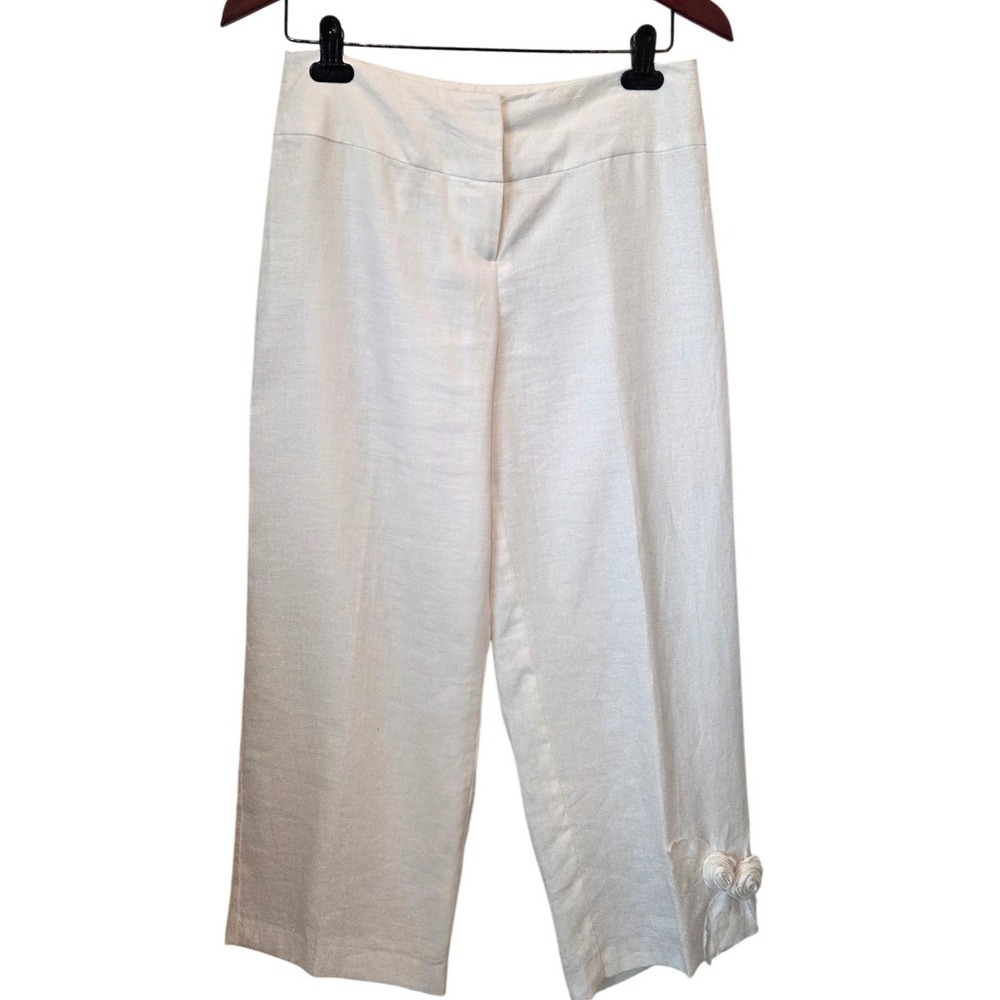 Kenar Linen Cropped Pants‎ Rosette Hem Wide Leg White Coastal Resort Size 6